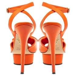 Pre Owned Charlotte Olympia Orange Vinyl Leather Serena Bow Ankle Strap Platform Sandals Size 35.5