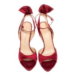 Pre Owned Charlotte Olympia Red Satin Wallace Ankle Strap Sandals Size 38