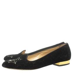 Pre Owned Charlotte Olympia Black Velvet Spider Embellished Smoking Loafers Size 38