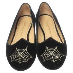Pre Owned Charlotte Olympia Black Velvet Spider Embellished Smoking Loafers Size 38