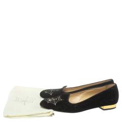 Pre Owned Charlotte Olympia Black Velvet Spider Embellished Smoking Loafers Size 38
