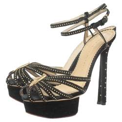 Charlotte Olympia Black Velvet Studed Ankle Strap Platform Sandals Size 37.5