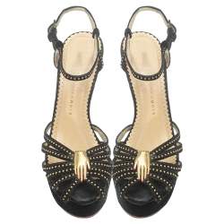 Charlotte Olympia Black Velvet Studed Ankle Strap Platform Sandals Size 37.5