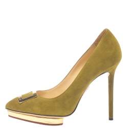 Charlotte Olympia Green Suede Dotty Platform Pumps Size 37.5