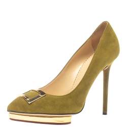 Charlotte Olympia Green Suede Dotty Platform Pumps Size 37.5