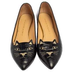 Pre Owned Charlotte Olympia Black Croc Embossed Leather Kitty Flats Size 41