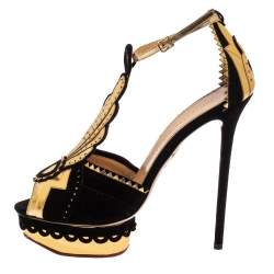 Pre Owned Charlotte Olympia Black/Gold Suede And Leather Sunset Ankle Strap Platform Sandals Size 41