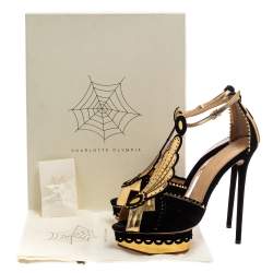 Pre Owned Charlotte Olympia Black/Gold Suede And Leather Sunset Ankle Strap Platform Sandals Size 41