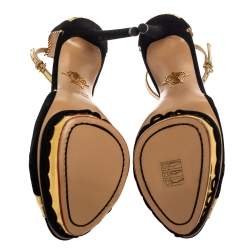 Pre Owned Charlotte Olympia Black/Gold Suede And Leather Sunset Ankle Strap Platform Sandals Size 41