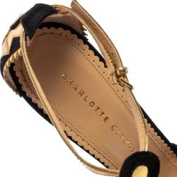 Pre Owned Charlotte Olympia Black/Gold Suede And Leather Sunset Ankle Strap Platform Sandals Size 41