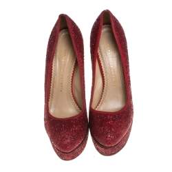 Charlotte Olympia Red Glitter Priscilla Platform Pumps Size 38.5