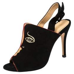 Charlotte Olympia Black Suede Face To Face Slingback Sandals Size 37