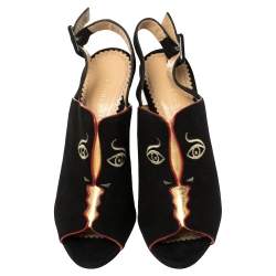 Charlotte Olympia Black Suede Face To Face Slingback Sandals Size 37