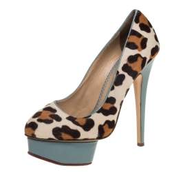 Charlotte Olympia Brown/Beige Leopard Print Pony Hair And Leather Pumps Size 38