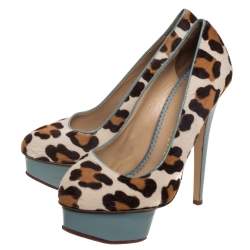 Charlotte Olympia Brown/Beige Leopard Print Pony Hair And Leather Pumps Size 38