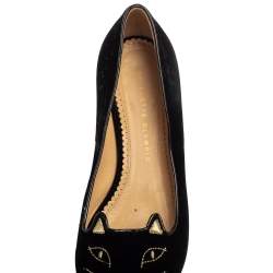 Pre Owned Charlotte Olympia Black Velvet Kitty Slip On Flats Size 39