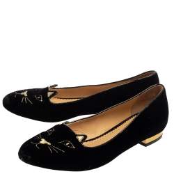 Pre Owned Charlotte Olympia Black Velvet Kitty Slip On Flats Size 39