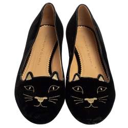 Pre Owned Charlotte Olympia Black Velvet Kitty Slip On Flats Size 39