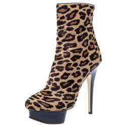 Charlotte Olympia Leopard Print Calf Hair Lucinda Platform Ankle Boots Size 37.5