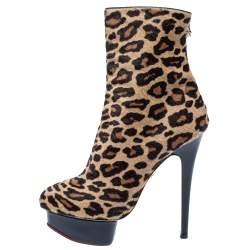 Charlotte Olympia Leopard Print Calf Hair Lucinda Platform Ankle Boots Size 37.5