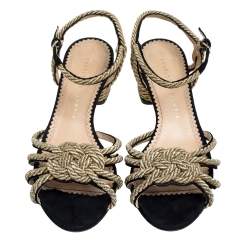 Pre Owned Charlotte Olympia Black Suede And Gold Rope Detail Strappy Sandals Size 39
