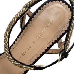 Pre Owned Charlotte Olympia Black Suede And Gold Rope Detail Strappy Sandals Size 39