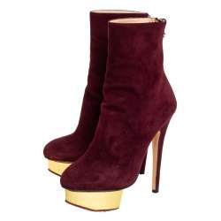 Pre Owned Charlotte Olympia Burgundy Suede  Ankle Boots Size 36