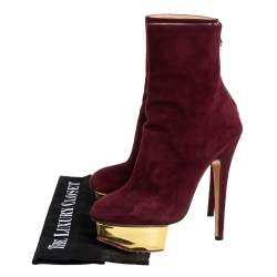 Pre Owned Charlotte Olympia Burgundy Suede  Ankle Boots Size 36
