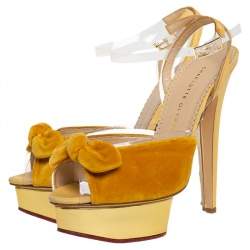 Pre Owned Charlotte Olympia Yellow Velvet And Fabric Knot Platform Ankle Strap Sandals Size 40