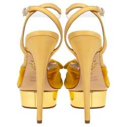 Pre Owned Charlotte Olympia Yellow Velvet And Fabric Knot Platform Ankle Strap Sandals Size 40