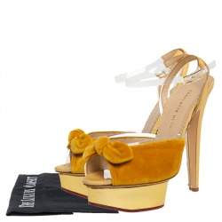 Pre Owned Charlotte Olympia Yellow Velvet And Fabric Knot Platform Ankle Strap Sandals Size 40