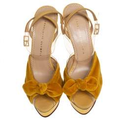 Pre Owned Charlotte Olympia Yellow Velvet And Fabric Knot Platform Ankle Strap Sandals Size 40