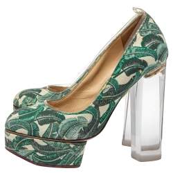 Charlotte Olympia Green Leaves Printed Canvas And PVC Mabel Platform Pumps Size 35