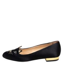 Pre Owned Charlotte Olympia Black Satin Kitty Ballet Flats Size 35 