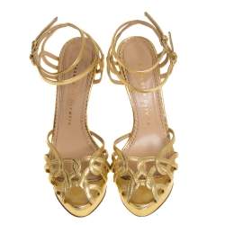 Charlotte Olympia Gold Leather Octavia Platform Ankle Strap Sandals Size 37.5