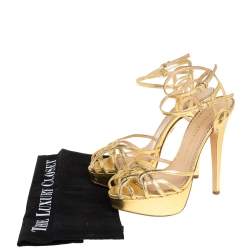Charlotte Olympia Gold Leather Octavia Platform Ankle Strap Sandals Size 37.5