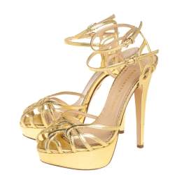 Charlotte Olympia Gold Leather Octavia Platform Ankle Strap Sandals Size 37.5