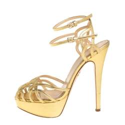 Charlotte Olympia Gold Leather Octavia Platform Ankle Strap Sandals Size 37.5