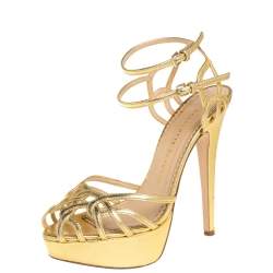 Charlotte Olympia Gold Leather Octavia Platform Ankle Strap Sandals Size 37.5