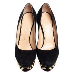 Pre Owned حذاء كعب عالي شارلوت أوليمبيا دوللي سويدي أسود مرصع نعل سميك مقاس 37.5