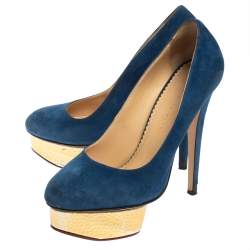 Charlotte Olympia Blue Suede Dolly Platform Pumps Size 38.5