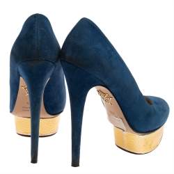 Charlotte Olympia Blue Suede Dolly Platform Pumps Size 38.5