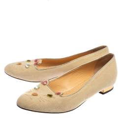 Charlotte Olympia Beige Canvas Kitty Ballet Flats Size 41