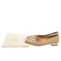 Charlotte Olympia Beige Canvas Kitty Ballet Flats Size 41