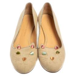 Charlotte Olympia Beige Canvas Kitty Ballet Flats Size 41