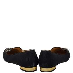 Pre Owned حذاء فلات شارلوت اوليمبيا كيتي كانفاس أسود مطرز بتعبيرات قطة مقاس 38.5