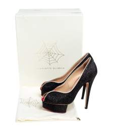 Pre Owned حذاء كعب عالي شارلوت أوليمبيا جلد أسود غليتر لامع حواف مموجة مقدمة مفتوحة نعل سميك مقاس 37.5