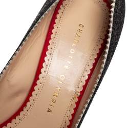 Pre Owned حذاء كعب عالي شارلوت أوليمبيا جلد أسود غليتر لامع حواف مموجة مقدمة مفتوحة نعل سميك مقاس 37.5