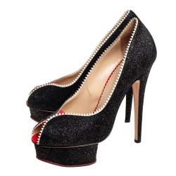 Pre Owned حذاء كعب عالي شارلوت أوليمبيا جلد أسود غليتر لامع حواف مموجة مقدمة مفتوحة نعل سميك مقاس 37.5