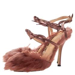 Charlotte Olympia Metallic Bronze Leather And Fur Caress Me Peep Toe Sandals Size 39